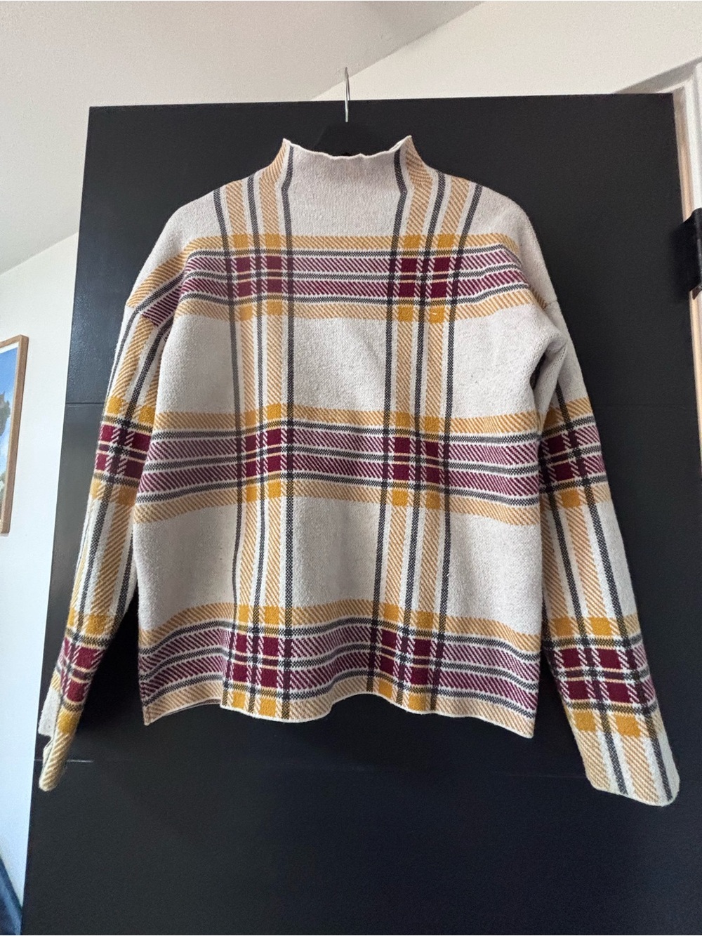Tahari Cream Plaid Mock-Neck Sweater with Mustard & Burgundy Stripes